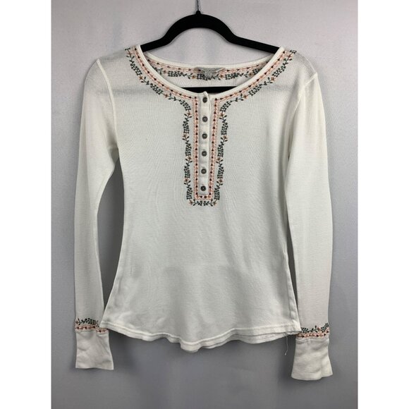 Lucky Brand Womens XS Ivory Embroidered Henley Top - Picture 1 of 5